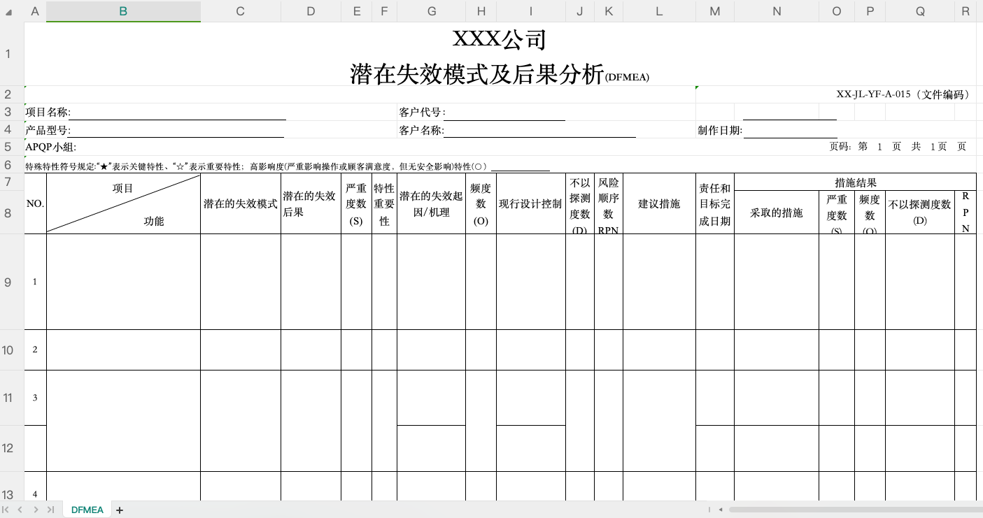 FMEA模板预览
